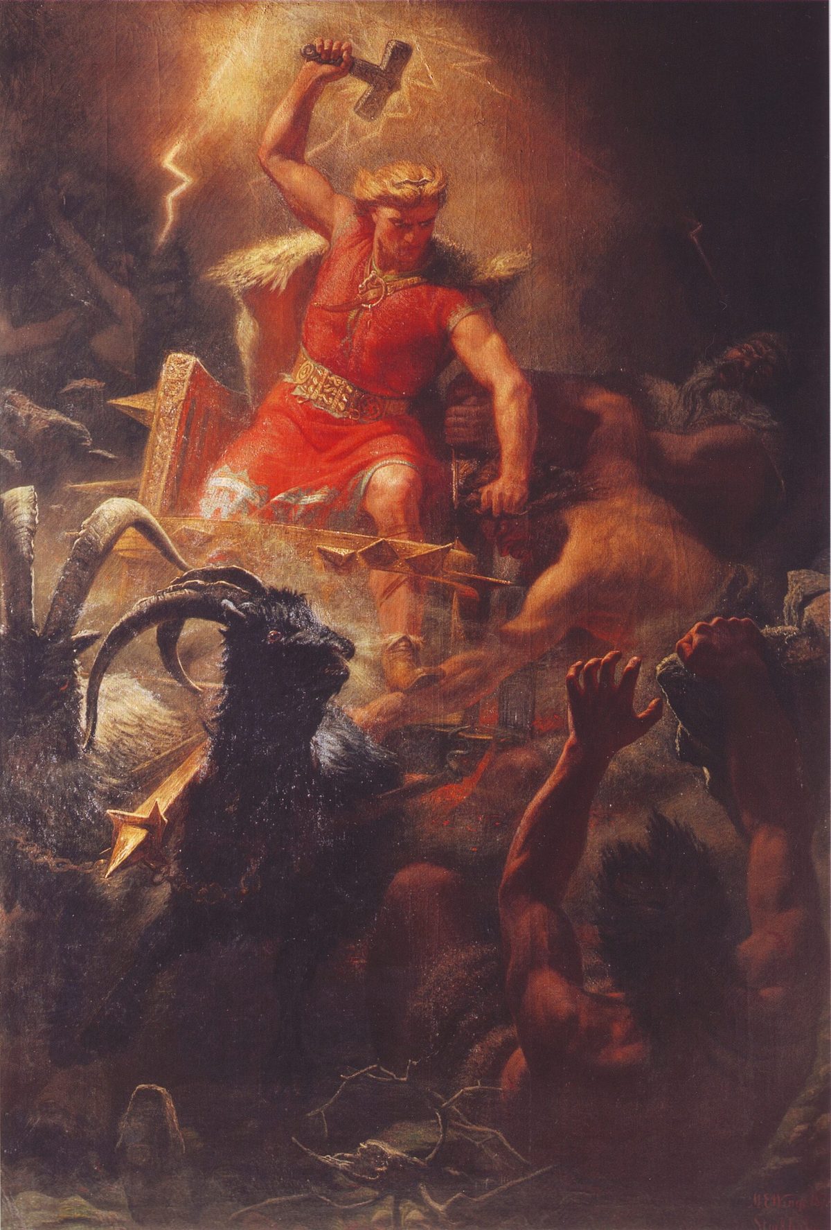Thor luchando contra los jötnar en su carro tirado por las cabras Tanngrisnir y Tanngnjóstr, óleo de Mårten Eskil Winge (1872)