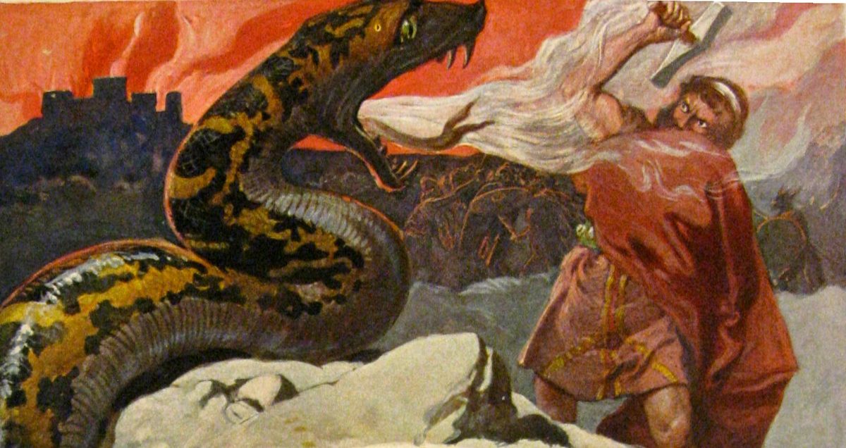 Thor y Jörmungandr, la Serpiente de Midgard, en la batalla final del Ragnarök; ilustración de Emil Doepler (c. 1905)