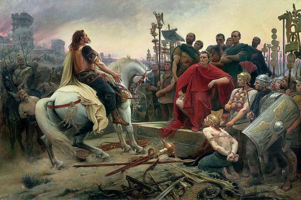 Pintura de Lionel Royer (1899) que muestra a Vercingétorix arrojando sus armas a los pies de Julio César tras la batalla de Alesia (52 a.C.): imagen icónica del fin de la independencia gala.