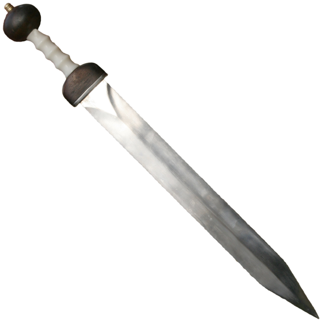 Reconstrucción detallada de un gladio romano imperial tipo Pompeya: espada corta de hoja recta de unos 50 cm con doble filo y punta triangular, arma estándar del legionario romano durante la fase del Alto Imperio.