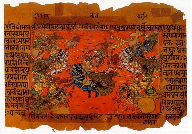 Ilustración manuscrita de la batalla de Kurukshetra del Mahabharata: los ejércitos pandava y kaurava enfrentados