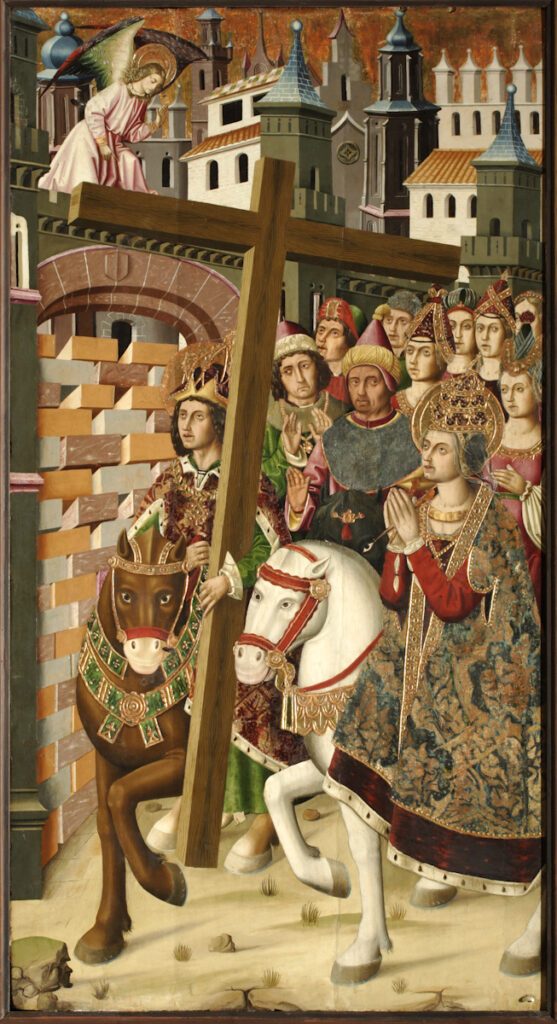 Tabla de Miguel Ximénez y Martín Bernat (España, c. 1485) que representa a Santa Helena y al emperador Heraclio con la Vera Cruz a las puertas de Jerusalén.