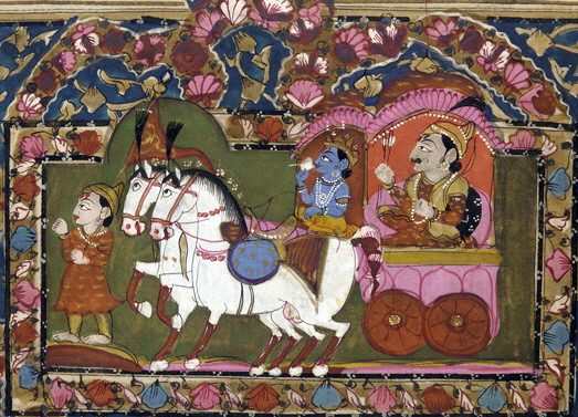 Krishna y Arjuna sobre el carro de guerra, ilustración india del siglo XVIII-XIX del Mahabharata