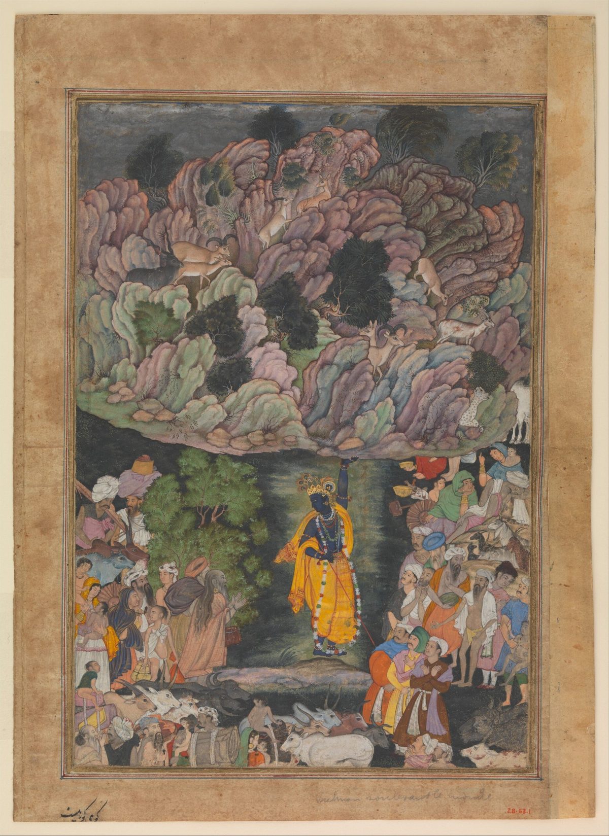 Krishna sostiene el monte Govardhan para proteger a los aldeanos de Braj, miniatura india del Harivamsa