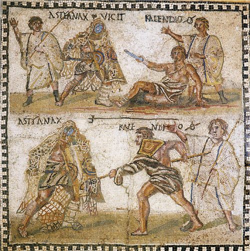Mosaico romano con el combate entre los gladiadores Astyanax y Kalendio (siglo III d.C.), Galleria Borghese, Roma