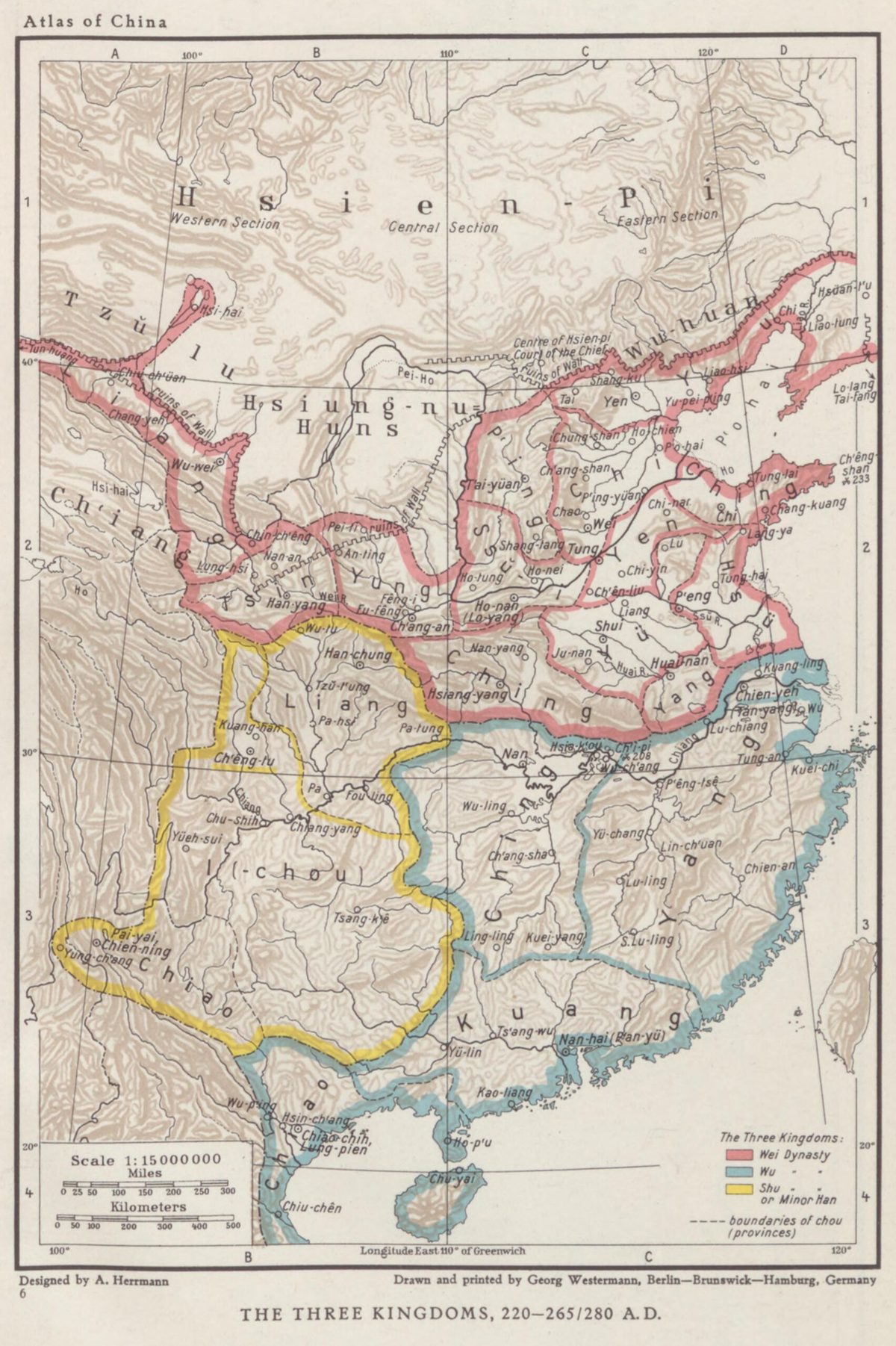 Mapa histórico de los Tres Reinos de China (220-265-280 d.C.): Wei, Shu y Wu