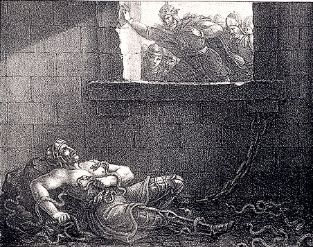 La muerte de Ragnar Lodbrok en el foso de serpientes del rey Ælla de Northumbria, litografía de Hugo Hamilton (1830).