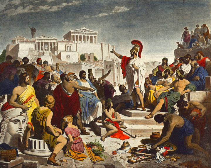 Pericles pronunciando su discurso fúnebre ante los atenienses, óleo de Philipp Foltz (1852): la imagen clásica de la democracia ateniense.