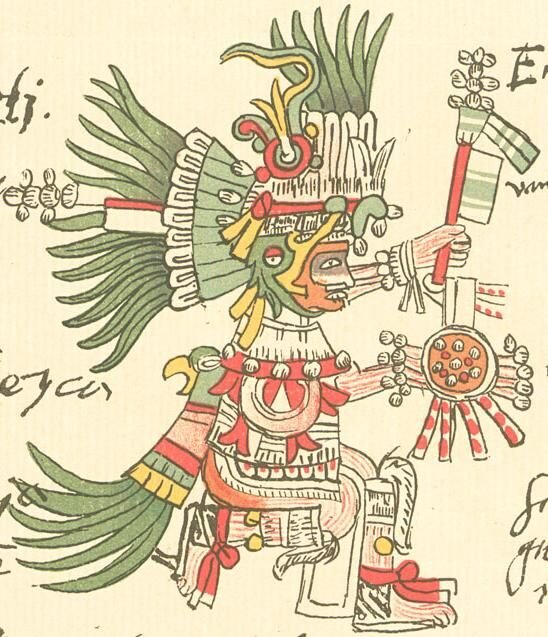 Huitzilopochtli, dios mexica de la guerra y del sol, con su atuendo de colibrí y la serpiente de fuego, según el Códice Telleriano-Remensis (siglo XVI).