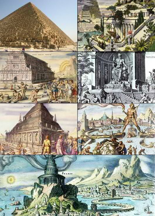 Collage de las siete maravillas del mundo antiguo: pirámide de Guiza, jardines colgantes, Zeus de Olimpia, templo de Artemisa, Mausoleo, Coloso de Rodas y faro de Alejandría.